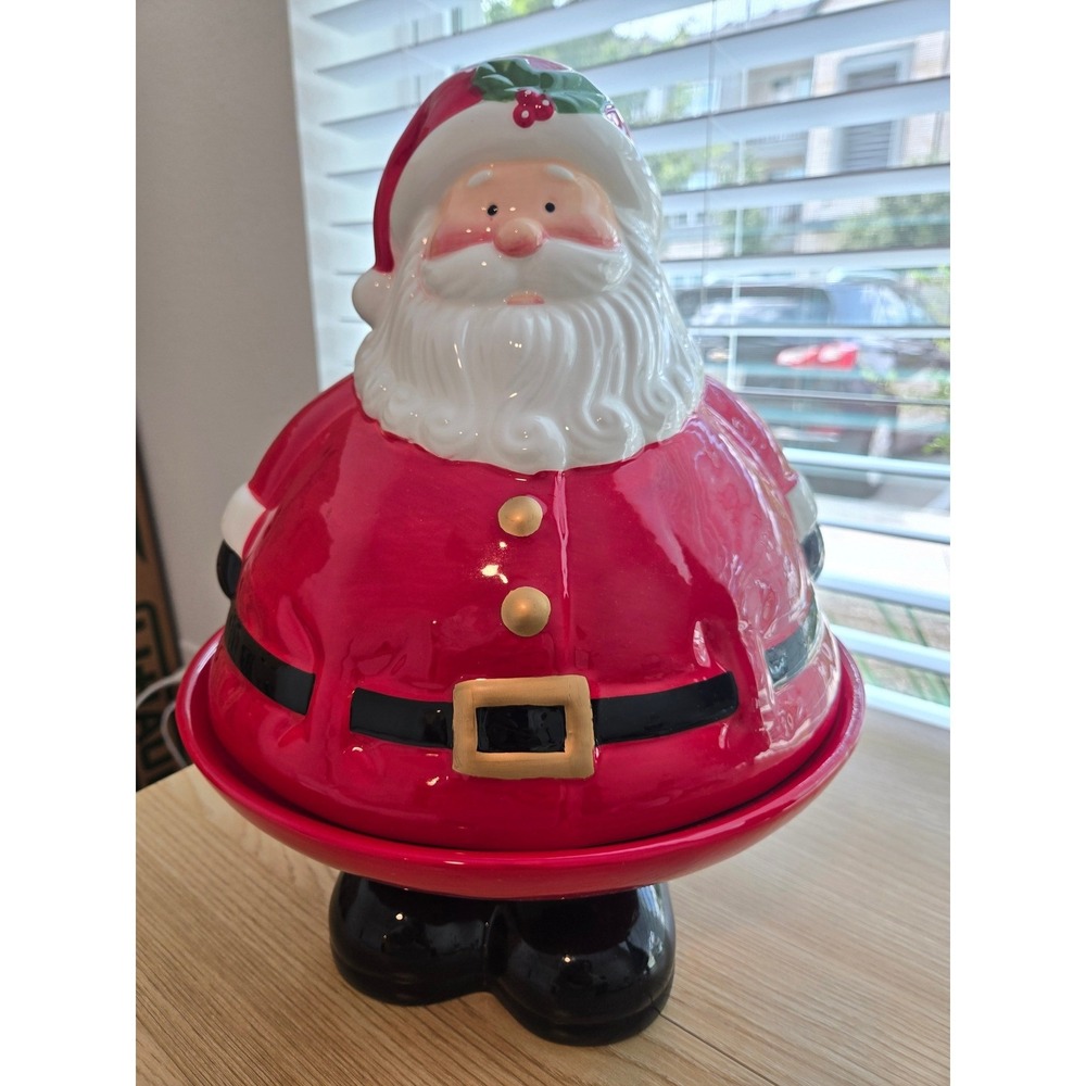 Costco Holiday Santa‎ Cookie Tray Pedestal Ceramic Christmas Server 1465280